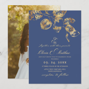 Invitation Élégant Mariage or Sapphire Pantone
