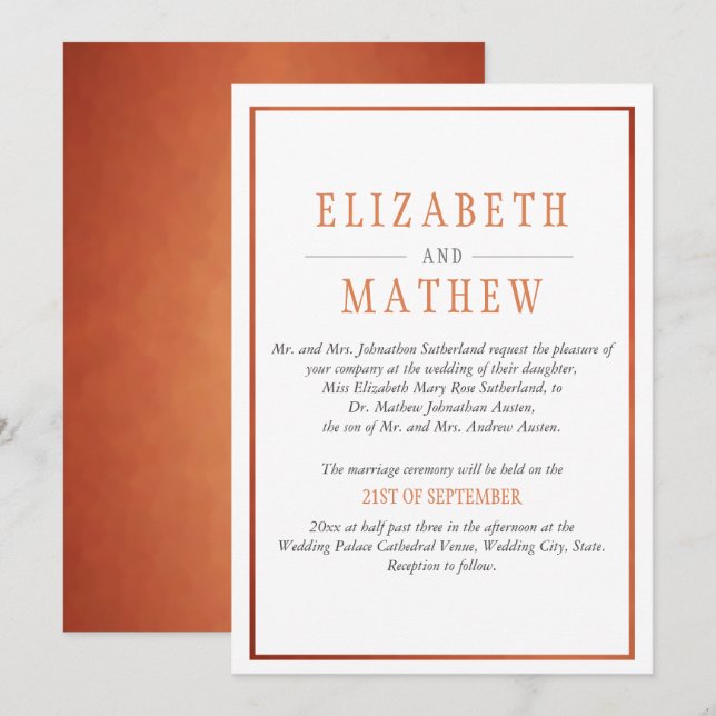 Invitation Élégant Mariage orange cuivre blanc moderne (Devant / Derrière)