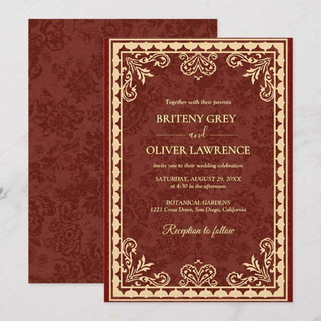 Invitation Élégant Mariage orné de Bourgogne et d'or (Devant / Derrière)