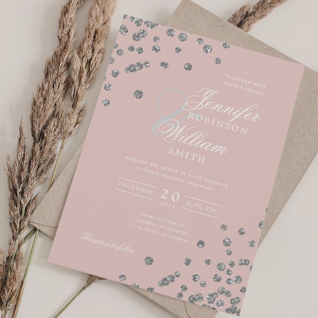 Invitation Elégant Mariage Parties scintillant Argent Confett (Elegant Wedding Silver Glitter Confetti Blush Invitation)