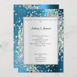 INVITATION ÉLÉGANT MARIAGE PASTEL HOLOGRAPHIQUE BLEU TEXTUÉ