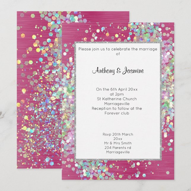 INVITATION ÉLÉGANT MARIAGE PASTEL HOLOGRAPHIQUE ROSE TEXTUEL (Devant / Derrière)