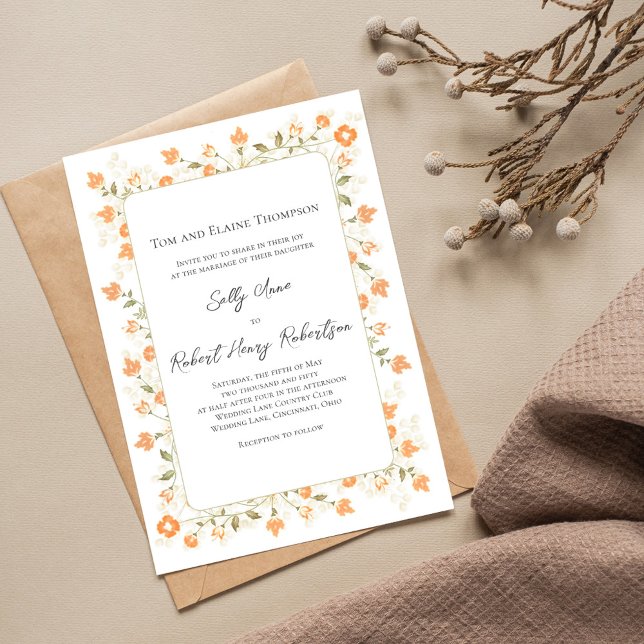 Invitation Élégant Mariage Pêche Floral Script (Elegant peach floral wedding invitation with a monogram on the backside. )
