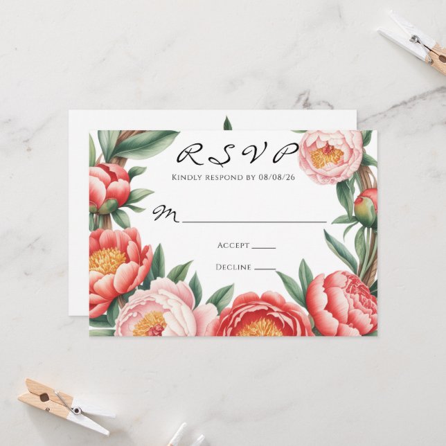 Invitation Elégant Mariage Peony Orange Peony RSVP (Devant/Arrière en situation)