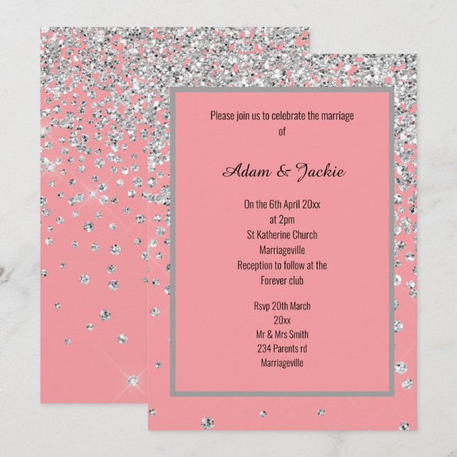 INVITATION ÉLÉGANT MARIAGE PERSONNALISÉ EN ARGENT ROSE DOUCE (Devant / Derrière)