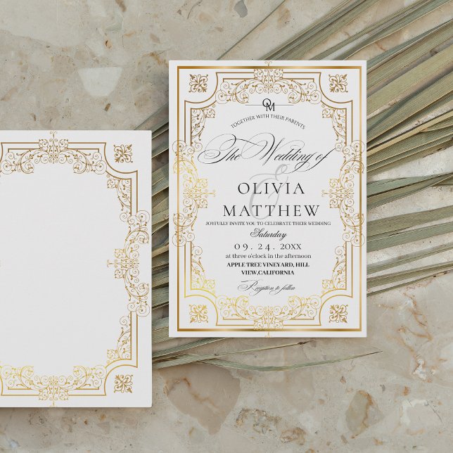 Invitation Élégant Mariage photo Black and White Gold (Créateur téléchargé)