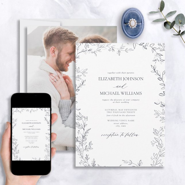 Invitation Élégant Mariage photo bleu marine à feuilles minim (Créateur téléchargé)