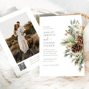 Invitation Élégant mariage photo code QR de verdure de pin d'