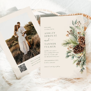 Invitation Élégant mariage photo code QR de verdure de pin d'