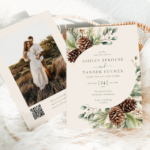Invitation Élégant mariage photo code QR de verdure de pin d'