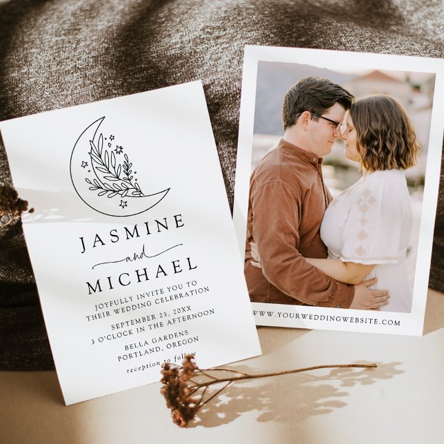 Invitation Élégant Mariage photo de la Lune botanique et des  (Créateur téléchargé)