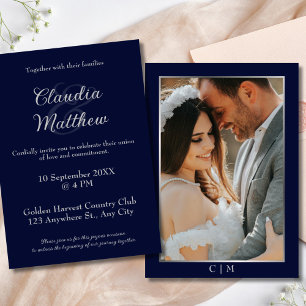 Invitation Élégant Mariage photo de script bleu et argent
