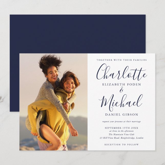 Invitation Élégant Mariage photo de signature bleu marine (Devant / Derrière)