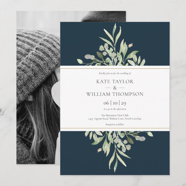 Invitation Elégant Mariage photo Deep Sea Blue Greenery (Devant / Derrière)