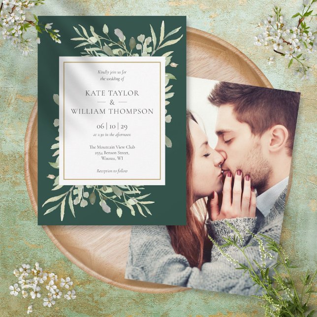 Invitation Élégant Mariage photo Emerald Gold (Elegant Greenery Emerald Gold Photo Wedding Invitation)