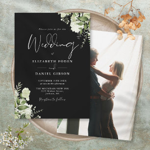 Invitation Élégant mariage photo feuilles de verdure noir bla