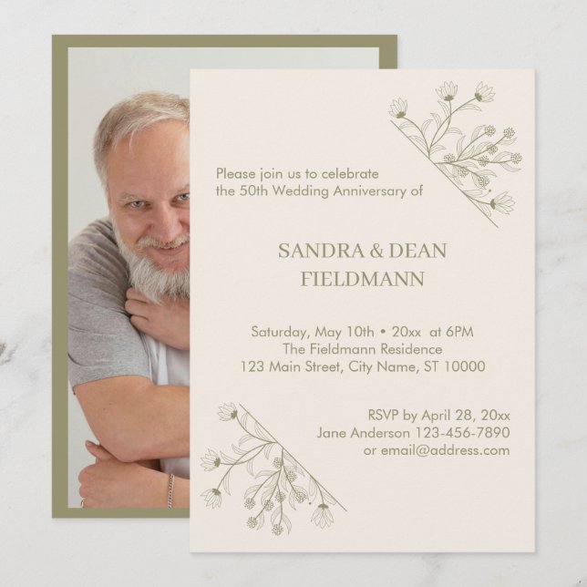 Invitation Élégant Mariage photo floral 50e anniversaire (Devant / Derrière)