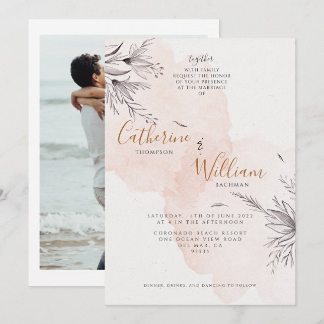 Invitation Élégant Mariage photo floral de la pêche à la broc (Devant / Derrière)