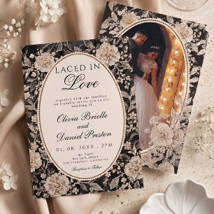 Invitation Élégant Mariage Photo Floral Perle en Dentelle Noi
