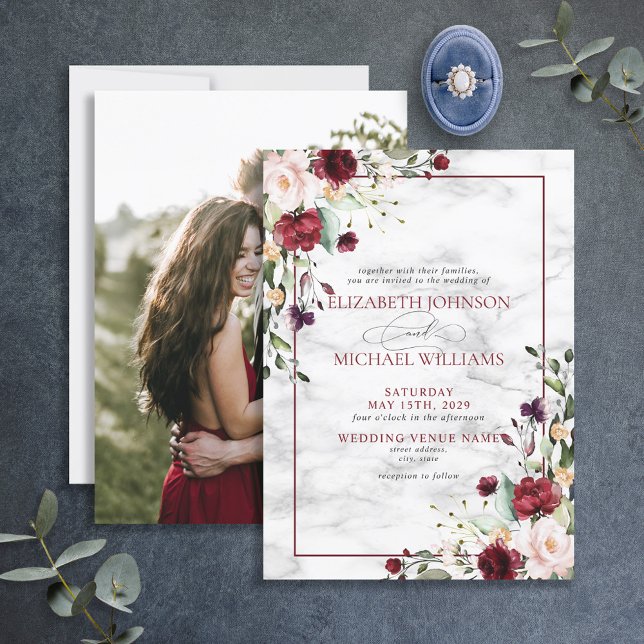Invitation Élégant Mariage photo floral rose Burgundy (Créateur téléchargé)