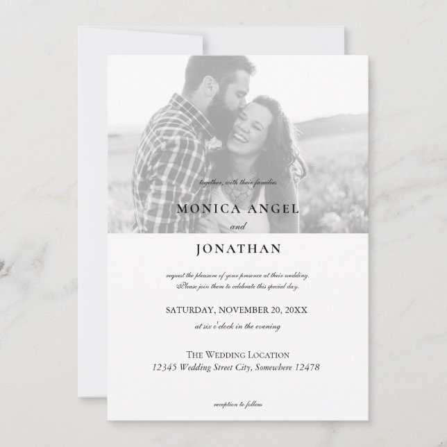 Invitation Élégant Mariage Photo Horizontal Noir & Blanc - B (Devant)