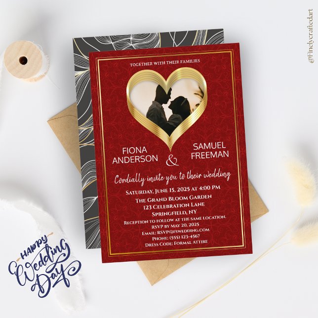 Invitation Élégant Mariage photo personnalisé Chic Red Gold (Créateur téléchargé)