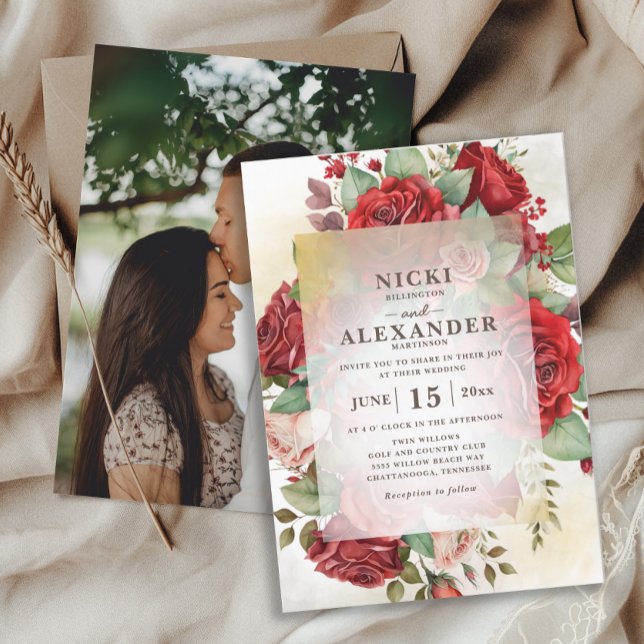 Invitation Élégant Mariage photo Roses Roses Roses Roses Rose (Elegant red roses wedding invitation with an engagement photo on the back.)
