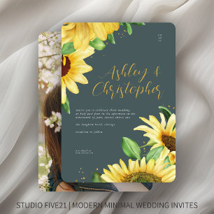 Invitation Élégant Mariage photo rustique Tournesol Ardoise g