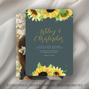 Invitation Élégant Mariage photo rustique Tournesol Ardoise g