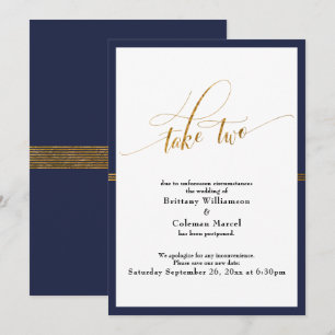 Invitation Elégant Mariage reporté Marine & Gold Stripe Card