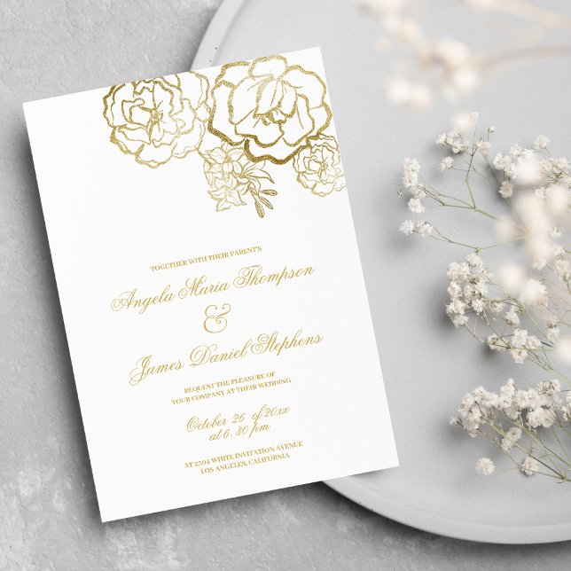 Invitation Élégant mariage romantique à fleurs d'or blanc ( Elegant romantic white gold floral wedding)