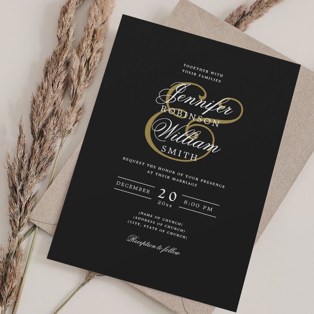 Invitation Élégant Mariage romantique Classic Black Gold (Elegant Romantic Wedding Classic Black Gold Invitation)