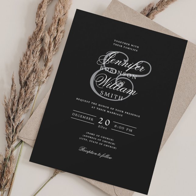 Invitation Élégant Mariage romantique classique gris noir (Elegant Romantic Wedding Classic Black Gray Invitation)