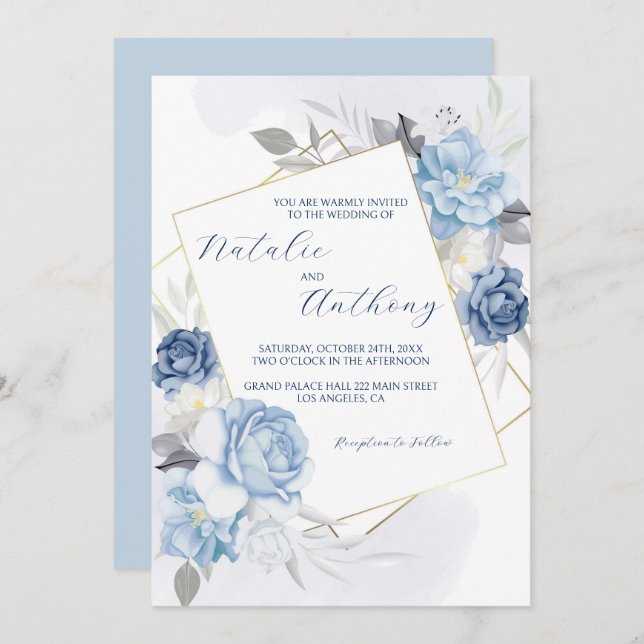 Invitation Élégant Mariage Rose bleu (Devant / Derrière)