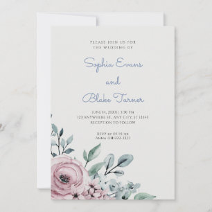 Invitation Élégant Mariage rose et bleu floral vert
