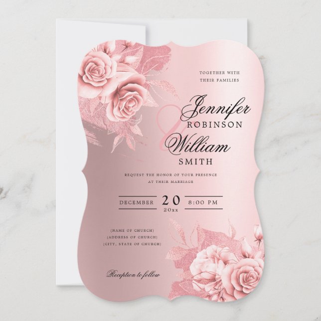 Invitation Elégant mariage Rose Or Floral & Foil (Devant)