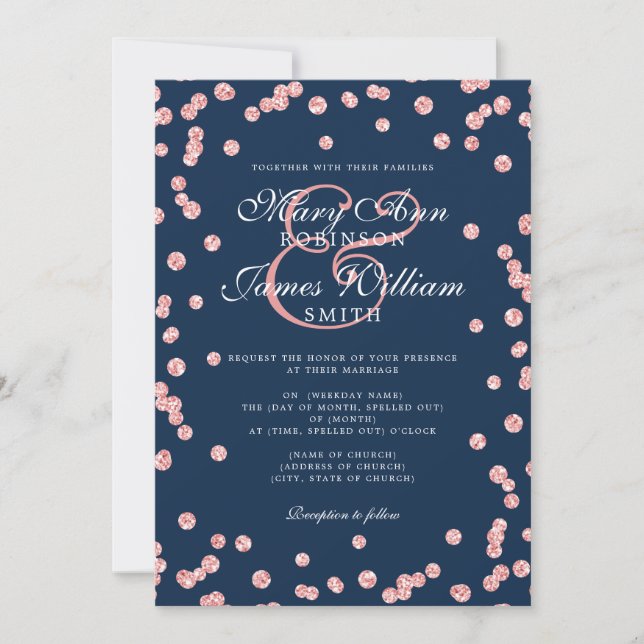 Invitation Elégant mariage Rose Parties scintillant or Confet (Devant)