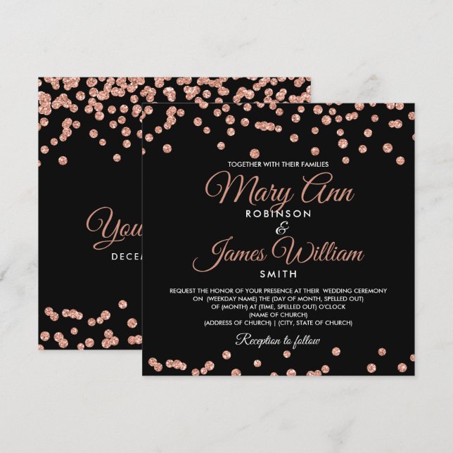 Invitation Elégant mariage Rose Parties scintillant or Confet (Devant / Derrière)