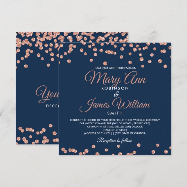 Invitation Elégant mariage Rose Parties scintillant or Confet (Devant / Derrière)