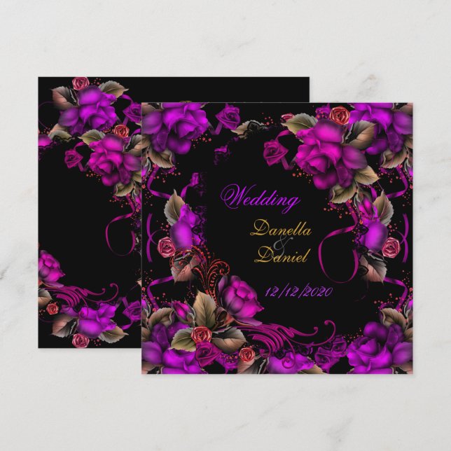 Invitation Elégant mariage rose Plum Rose noir (Devant / Derrière)