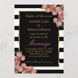 Invitation Élégant Mariage rose Rose noir & blanc rayures