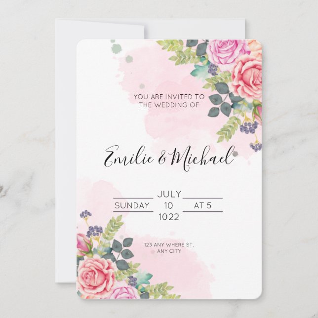 Invitation Élégant Mariage rose Roses (Devant)