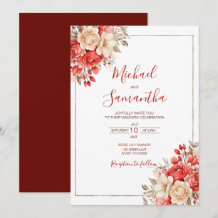 Invitation Élégant Mariage Rose rouge et ivoire