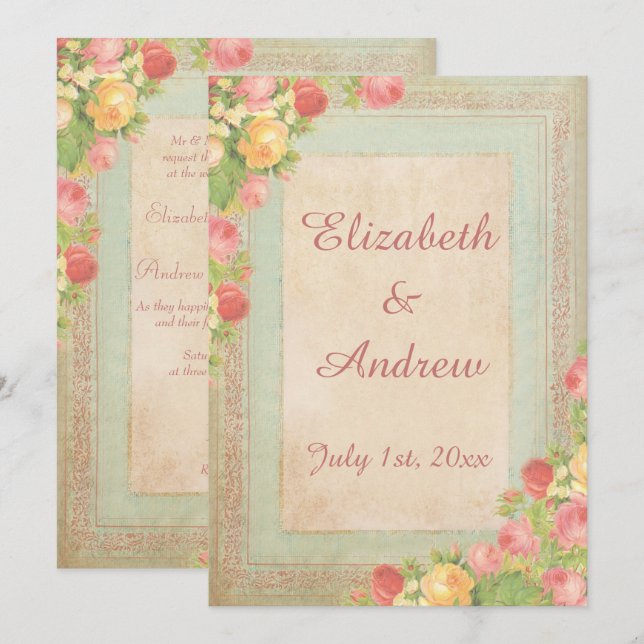 Invitation Élégant Mariage Rose Vintage (Devant / Derrière)