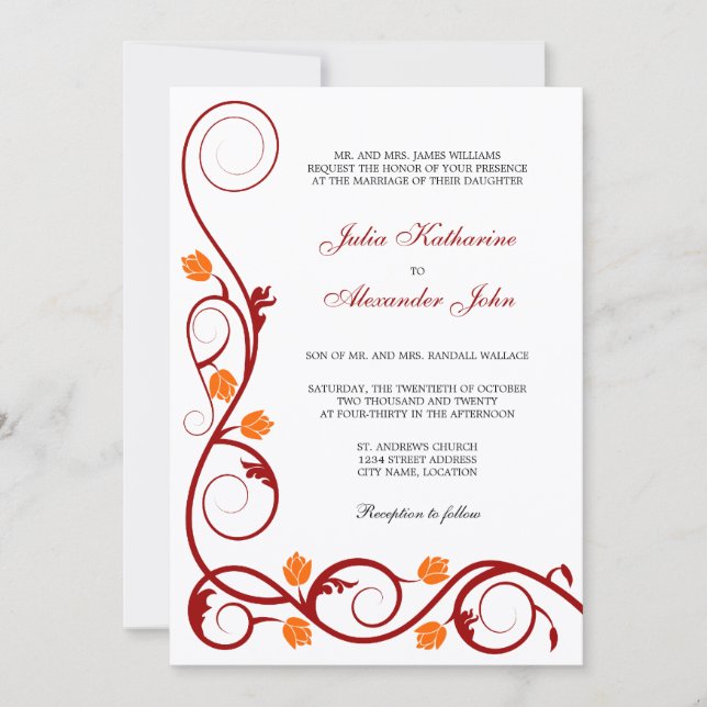 Invitation Élégant Mariage rouge et  orange (Devant)
