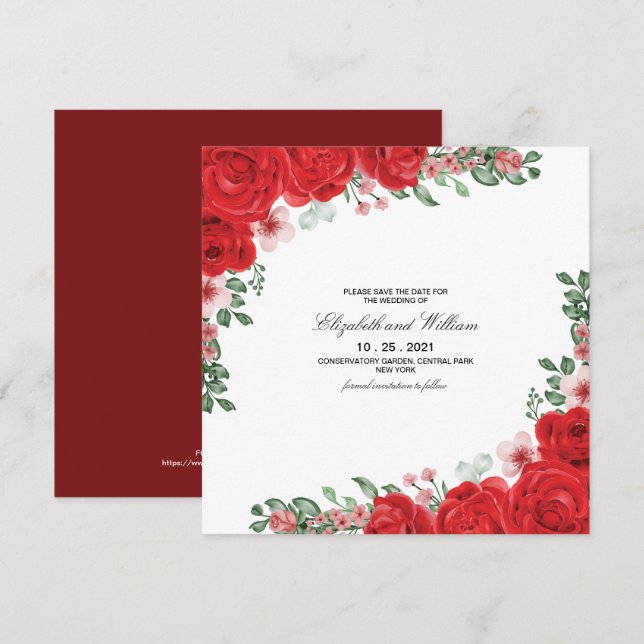 Invitation Élégant Mariage Rouge Floral Enregistrer La Date I (Devant / Derrière)