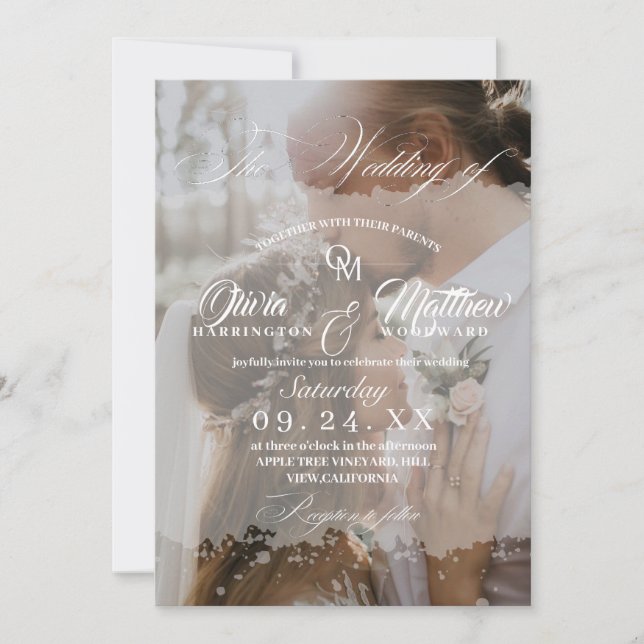 Invitation Élégant Mariage Script Blanc (Devant)