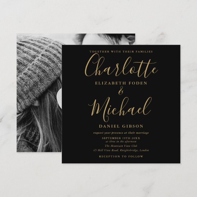 Invitation Élégant Mariage Signature Noir Et Or Photo (Devant / Derrière)
