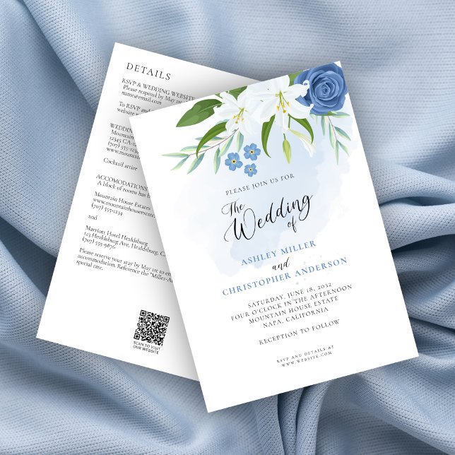 Invitation Elégant Mariage tout-en-un bleu floral (Créateur téléchargé)