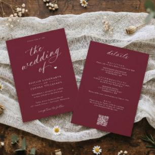 Invitation Élégant Mariage Tout en Un Rouge Bourgogne Script